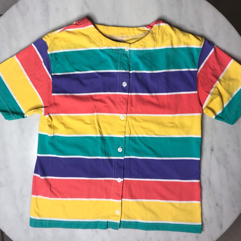 Rainbow Horizontal Striped Button Up T-Shirt M